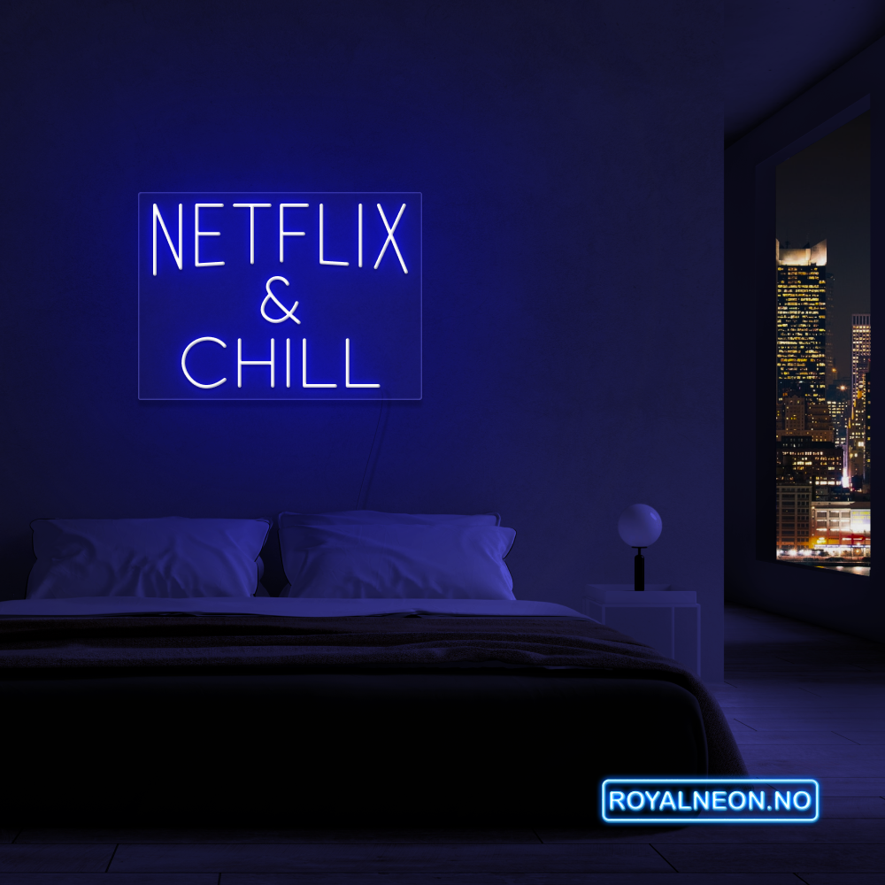"NETFLIX & CHILL" LED NEONSKILT. 46x63 cm. Bestilling!