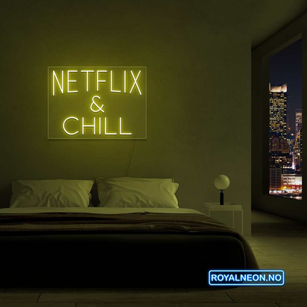"NETFLIX & CHILL" LED NEONSKILT. 46x63 cm. Bestilling!