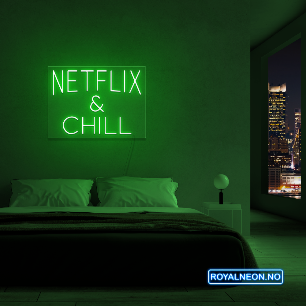 "NETFLIX & CHILL" LED NEONSKILT. 46x63 cm. Bestilling!