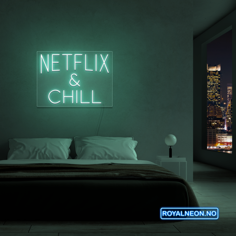 "NETFLIX & CHILL" LED NEONSKILT. 46x63 cm. Bestilling!