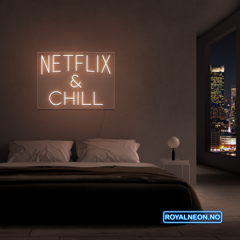 "NETFLIX & CHILL" LED NEONSKILT. 46x63 cm. Bestilling!