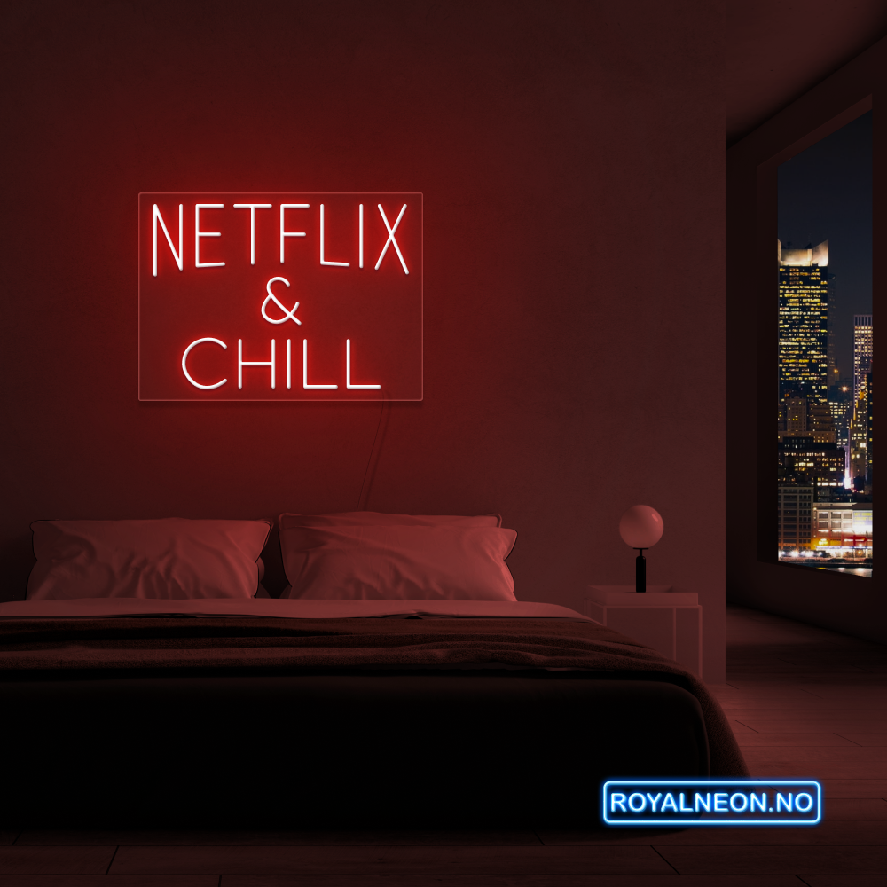 "NETFLIX & CHILL" LED NEONSKILT. 46x63 cm. Bestilling!