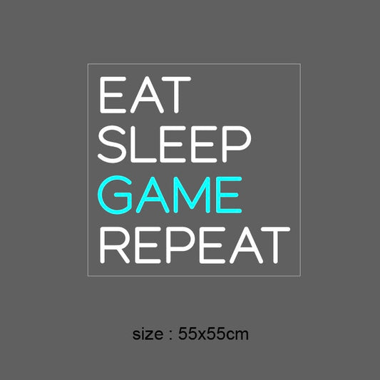 Neonskilt (EAT SLEEP GAME REPEAT) Sky blue. 55x55 cm