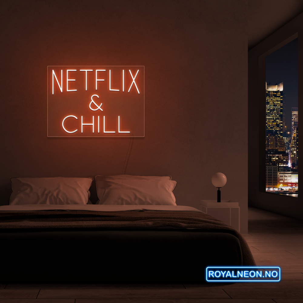 "NETFLIX & CHILL" LED NEONSKILT. 46x63 cm. Bestilling!