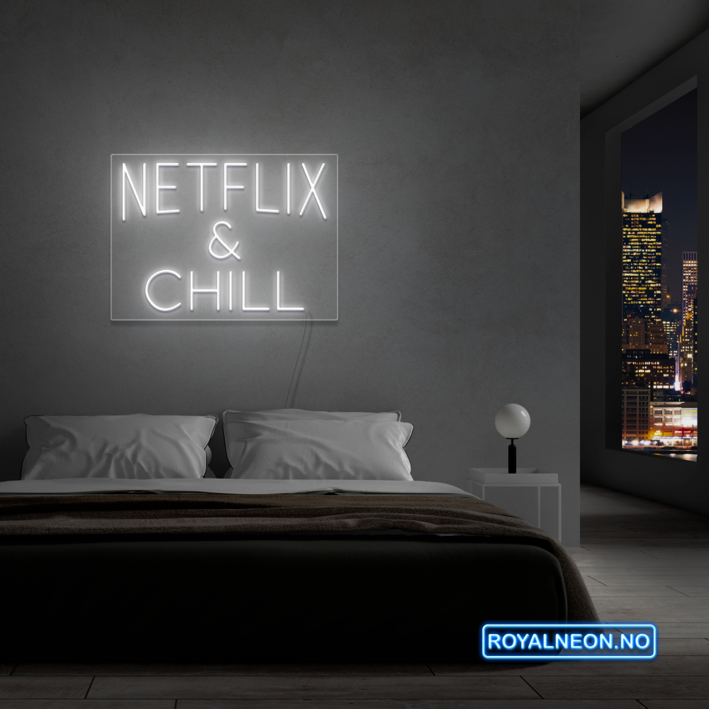 "NETFLIX & CHILL" LED NEONSKILT. 46x63 cm. Bestilling!